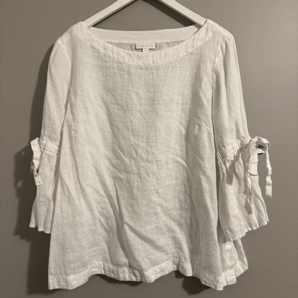 Charter Club | White Linen Blouse with Tie Sleeves